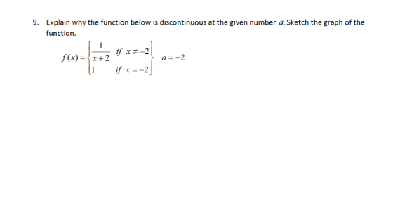 9. Explain why the function below is discontinuous at the given number a.Sketch the graph of the function 1 if x #-2 f(x)= х+