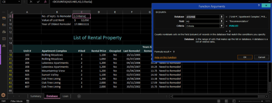 C8 丘 1 :0COUNTA(A15:H65,H2,Criteria) Function Arguments G DCOUNTA No. of Apts. to Remodel 2,Criteri Value of Lost Rent Unit ,