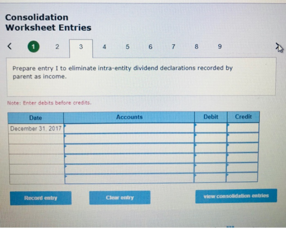Consolidation Worksheet Entries 2 3 4 5 6 78 9 Prepare entry I to eliminate intra-entity dividend declarations recorded by pa