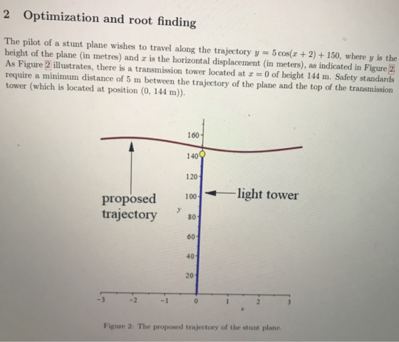 2 Optimization and root finding The pilot of a stunt plane wishes to travel along the trajectory y 5 cos(z + 2) 150, where y