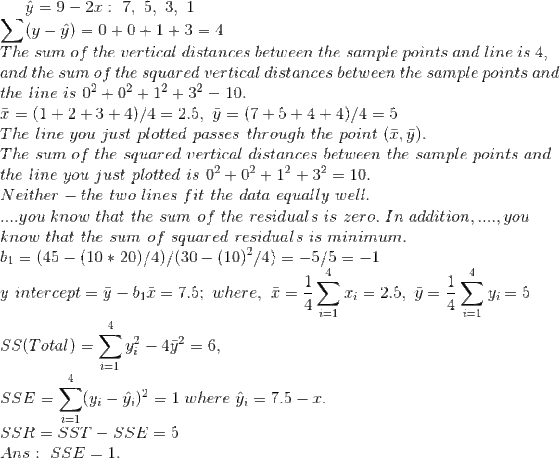 9-2x : 7, 5, 3, 1 (y-j)=0+0+1+3=4 The sum of the vertical distances between the sample points and line is 4, and the sum of t