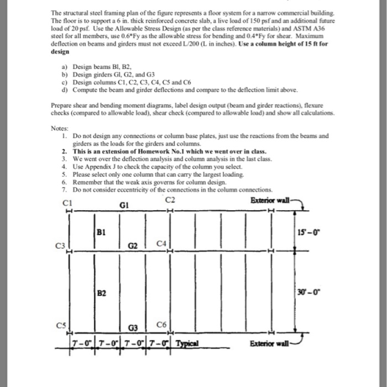 The structural steel framing plan of the figure represents a floor system for a narrow commercial building. The floor is to s