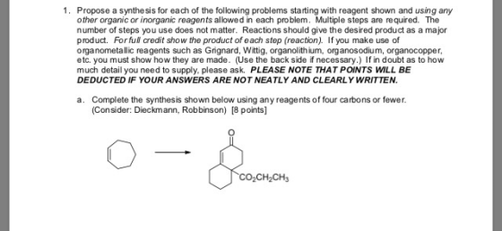 1. Propose a synthesis for each of the following problems starting with reagent shown and using any other organic or inorgani