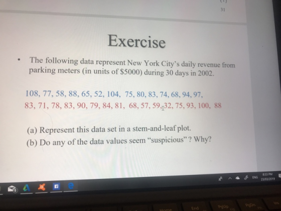 31 Exercise The following data represent New York Citys daily revenue from parking meters (in units of S5000) during 30 days