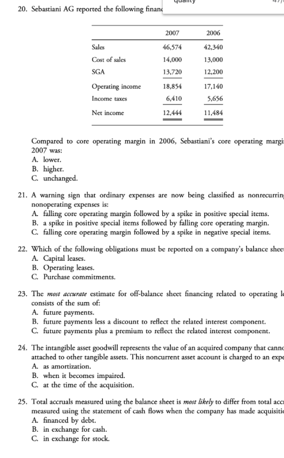 20. Sebastiani AG reported the following finand Sales Cost of sales SGA Operating income 2007 46,574 14,000 13,720 18,854 6,4