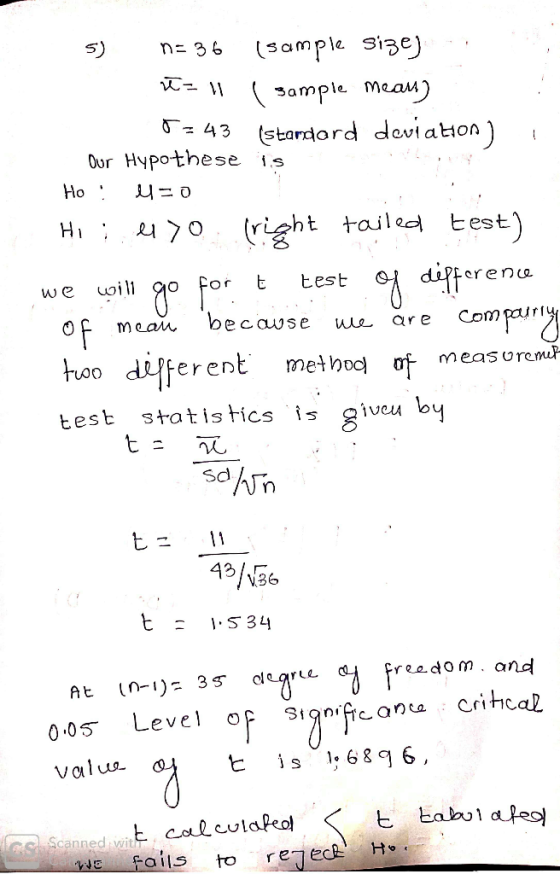 s) n 36 (sample siBe Sample meam o 43 (Stardo rd dev aHon) Our Hypothese s >o (right tailed test we oill go for tヒest 업 dif