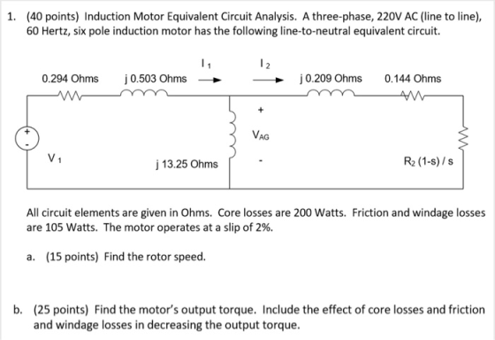 (40 points) Induction Motor Equivalent Circuit Analysis. A three-phase, 220V AC (line to line), 60 Hertz, six pole induction