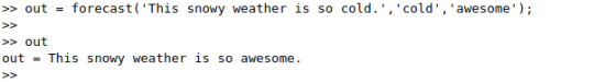 > out - forecast This snowy weather is so cold. . cold, awesome) S> >>out out-This snowy weather is so awesome S>