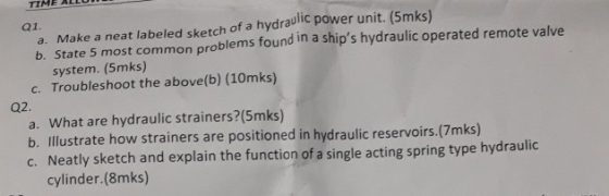 TIME AL o Make a neat labeled sketch of a hydraulic power unit. (5mks) b. State 5 most common problems found in a ships hydr