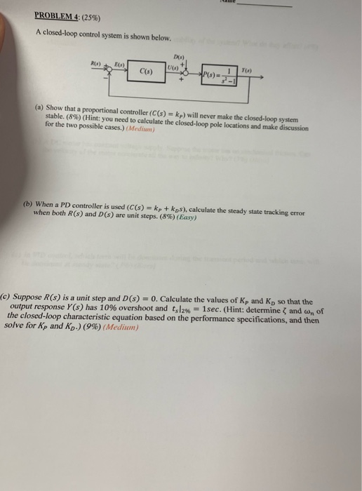 PROBLEMA: (25%) A closed-loop control system is shown below Ds) T(O) U(A) C(s) (a) Show that a proportional controller (C(s)-