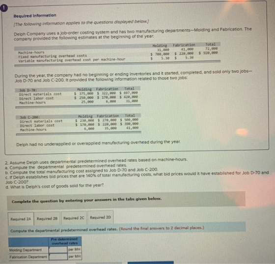 Required Information (The following information applies to the questions displayed below] Delph Company uses a job-order cost
