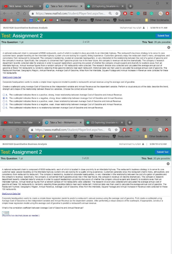Take a Test . Mohammad + 1 Nick James YouTubeXP (2) Exploring bivariate nU × 을 https://www.mathxl.com/Student/PlayerTest.aspx