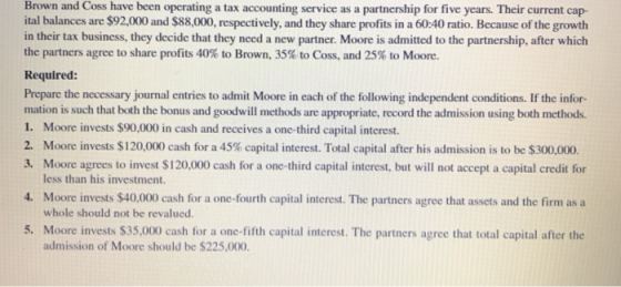 Brown and Coss have been operating a tax accounting service as a partnership for five years. Their current cap- ital balances
