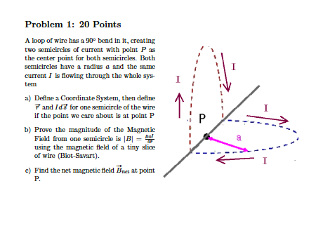 Problem 1: 20 Points A loop of wire has a 90 bend in it, creating two sermicircles of current with point P as the center poin