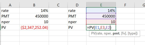 A C D E G rate 14% 14% rate PMT 450000 PMT 450000 10 10 nper nper PV |=PV(E1,E3,E2) ($2,347,252.04) PV PV(rate, nper, pmt, [f