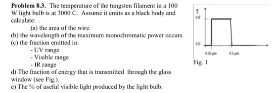 Problem 8.3. The temperature of the tungsten filament in a 100 W light bulb is at 3000 C. Assume it emits as a black body and