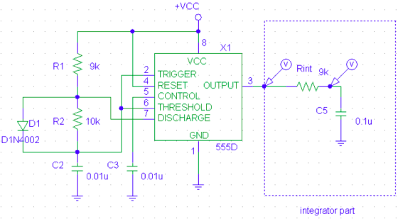 +VCC X1 VCC Rint gk R1 9k 2 TRIGGER RESET OUTPUT CONTROL THRESHOLD C5 DISCHARGE 0.1u D1 R2 10k GND D1N4002 1555D C3 C2 0.01u