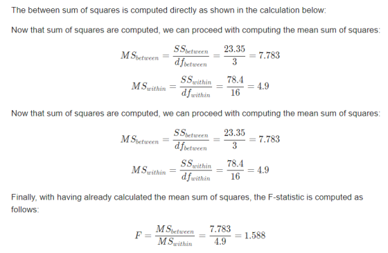 The between sum of squares is computed directly as shown in the calculation below Now that sum of squares are computed, we ca