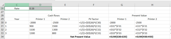 26 27 28 29 30 0 31 1 32 2 Rate 0.16 Cash flows Present Value Printer 1 Printer 1 Printer 2 PV factor Printer 2 Year -1/(1+SD