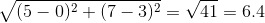 (5-0)2 + (7-3)--V41 = 6.4