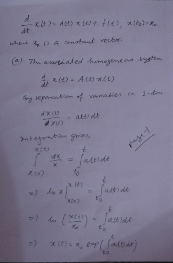 lth dt ALt) t) + f1 t) - % where 2 7 a centamt vecbs. Ca) he arsociated thumosenems ten lt) = Alt)xlt) dt By separation of 1-
