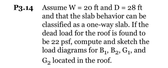 P3.14 Assume W 20 ft and D 28 ft and that the slab behavior can be classified as a one-way slab. If the dead load for the roo