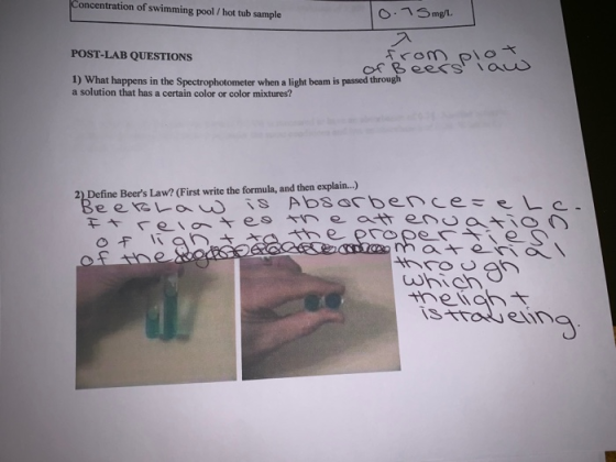 oncentration of swimming pool / hot tub sample POST-LAB QUESTIONS 1) What happens in the Spectrophotometer when a light beam