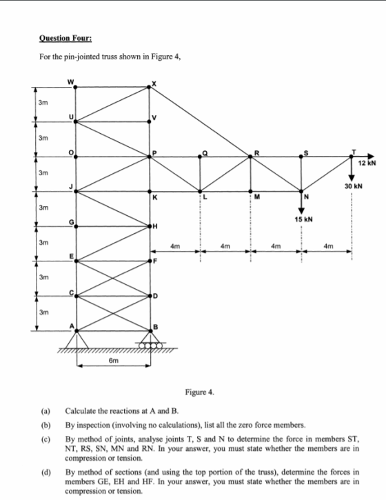 Question Four: For the pin-jointed truss shown in Figure 4, 3m 12 KN 3m 30 kN 3m 15 kN 4m 4m 3m 3m 6m Figure 4. Calculate the