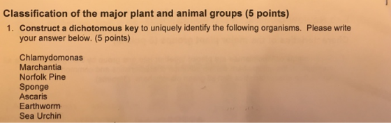 Classification of the major plant and animal groups (5 points) 1. Construct a dichotomous key to uniquely identify the follow
