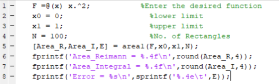 F e (x) x.^2; SEnter the desired function x0 0 xl 1 N = 100 [Area_R,Area_I,E] = areal (F, x0,xl,N); fprintfArea_Reimann = %.