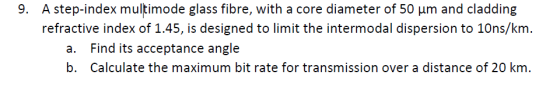 A step-index multimode glass fibre, with a core diameter of 50 um and cladding refractive index of 1.45, is designed to limit