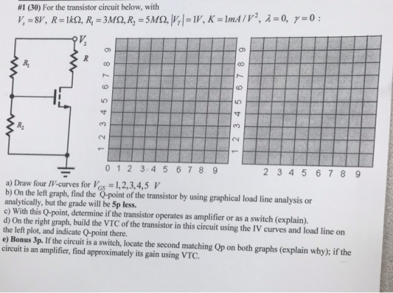 #1 (30) For the transistor circuit below, with V. 012 3 45678 9 2 345 67 8 9 a) Draw four IV-curves for VG 1,2,3,4,5 b) On th