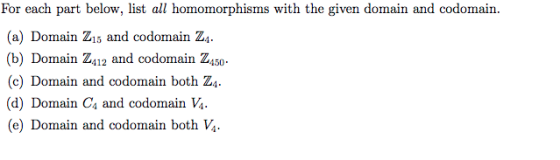 For each part below, list all homomorphisms with the given domain and codomain a) Domain Zis and codomain Zs (b) Domain Zu an