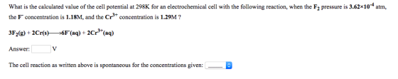 What is the calculated value of the cell potential at 298K for an electrochemical cell with the following reaction, when the