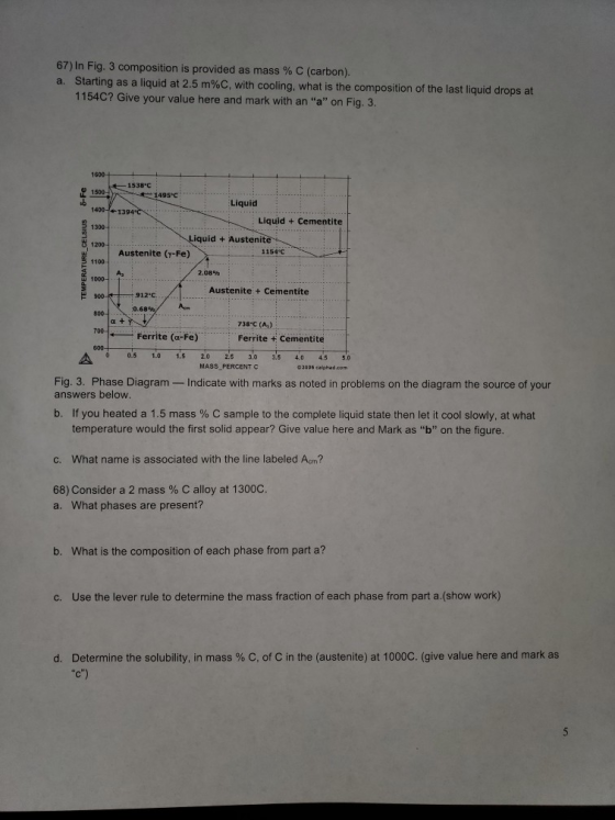 67) In Fig. 3 composition is provided as mass % C (carbon) . a. Starting as a liquid at 2.5 m%C, with cooling, what is the co