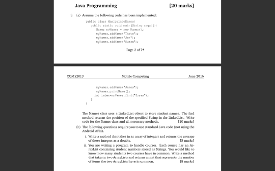 Java Programming [20 marks] 3. (a Assume the following code has been implemented: public class ManipulateNames public static