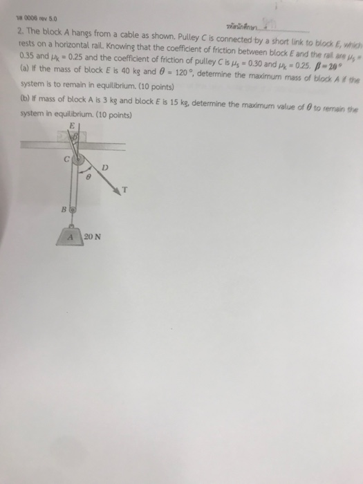 รส 0006 rev 5.0 รพิเน้าค้าษา 2. The block A hangs from a cable as shown. Pulley C is connected by a short link to block E, wh