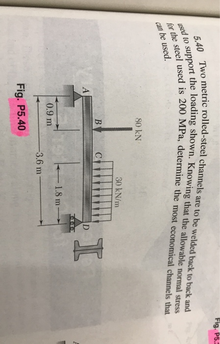 Fig. P5. metric rolled-steel channels are to be welded back to back and 5,40 the loading shown. Knowing that the allowable no