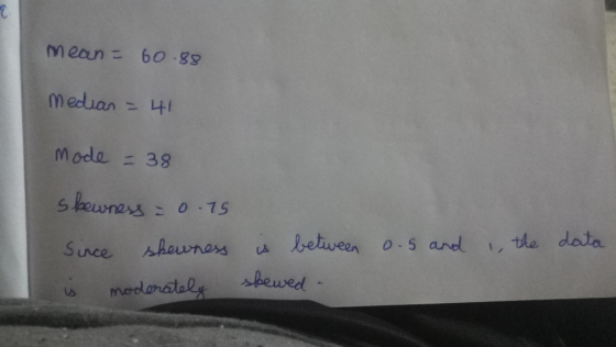 Mean 60-g9 Median- 4 Mode - 38 shewners 0.75 setween 0-5 and the data Sunce shauners shewed modorataly