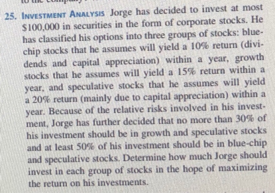 25. INVESTMENT ANALYSIS Jorge has decided to invest at most S100,000 in securities in the form of corporate stocks. He has cl