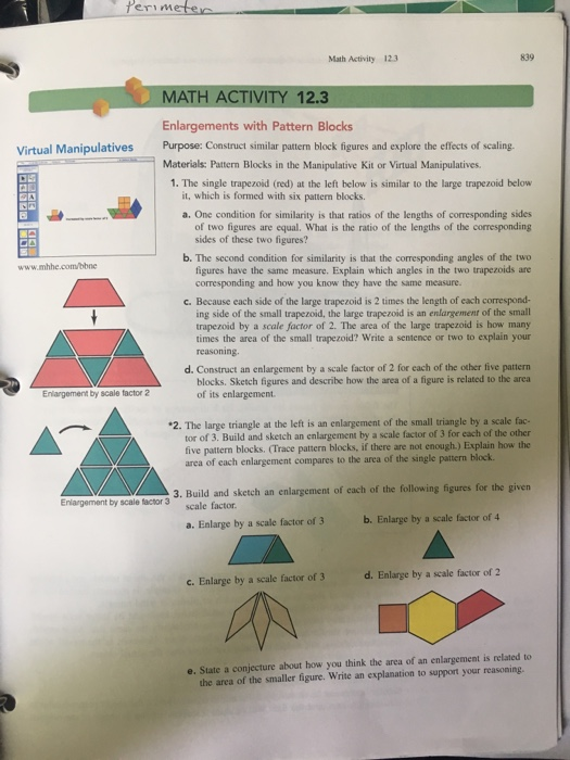 erimete 839 Math Activity 12.3 MATH ACTIVITY 12.3 Enlargements with Pattern Blocks Materials: Pattern Blocks in the Manipulat