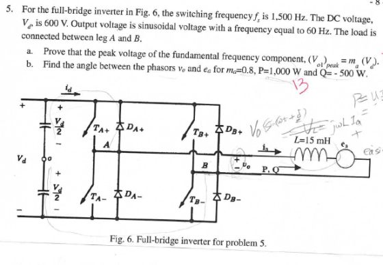 For the full-bridge inverter in Fig. 6, the switching frequency f, is 1,500 Hz. The DC voltage, V, is 600 V. Output voltage i