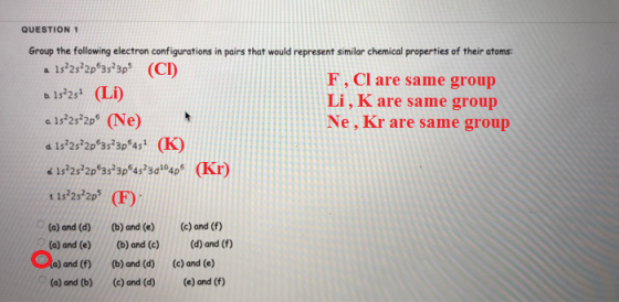 QUESTION 1 Group the following electron configurations in pairs that would represent similar chemical properties of their ato