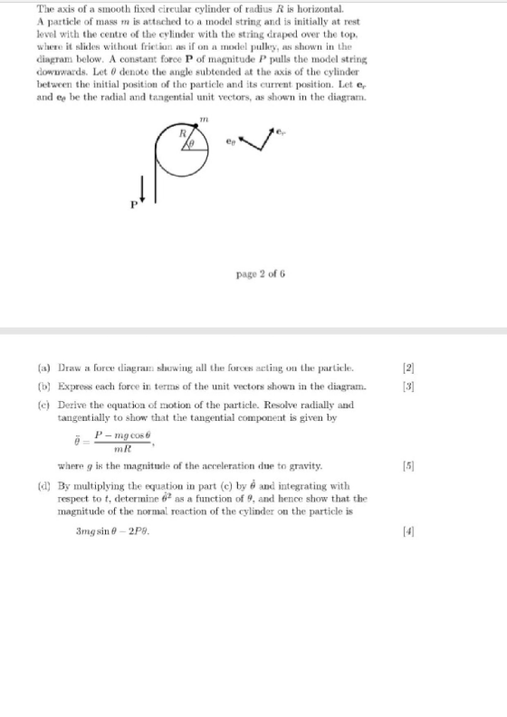 The axis of a smooth fixed ciular cylinder of radius R is horizontal. A particle of mass m is attached to a model string and