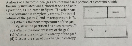 N atoms of a diatomic ideal gas are contained in a portion of a container, with thermally insulated walls, closed at one end