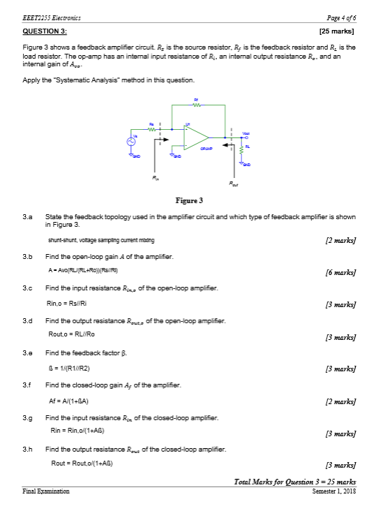 EEET255 Electronics Page 4 of6 QUESTION 3: [25 marks] Figure 3 shows a feedback amplifier circuit R, is the source resistor,