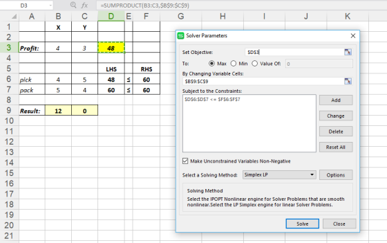 Q fx-SUMPRODUCT(B3:C3,$B$9:$C$9) D E F D3 SSolver Parameters 3 Profit 4 48 Set Objective SDS3 ⓔMaxO Min O Value Of: 0 LHS 48