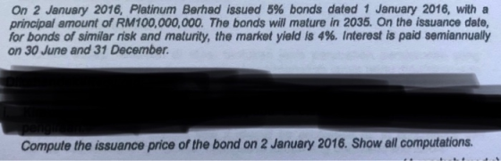 On 2 January 2016, Platinum Berhad issued 5 % bonds dated 1 January 2016, with a principal amount of RM100,000,000. The bonds