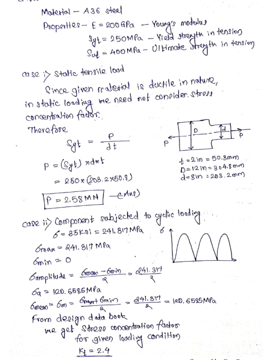 Moterial A 36 stoel Youngmoduluy Vield streth Properties- E200 GPa 2 250MPa ath in tension Sut A0OMPa - UIHmate Stalic tensil