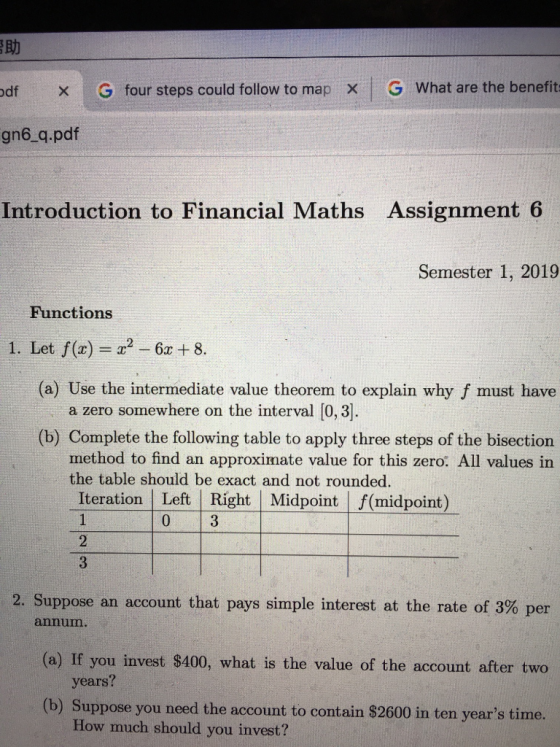 × | G What are the benefit G four steps could follow to map df × gn6 q.pdf Introduction to Financial Maths Assignment 6 Semes